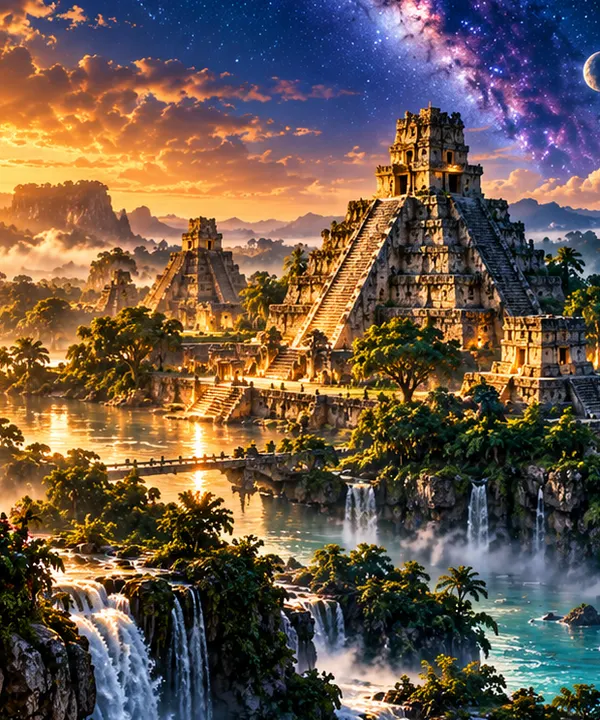 Templo maia acima da floresta sob um céu estrelado