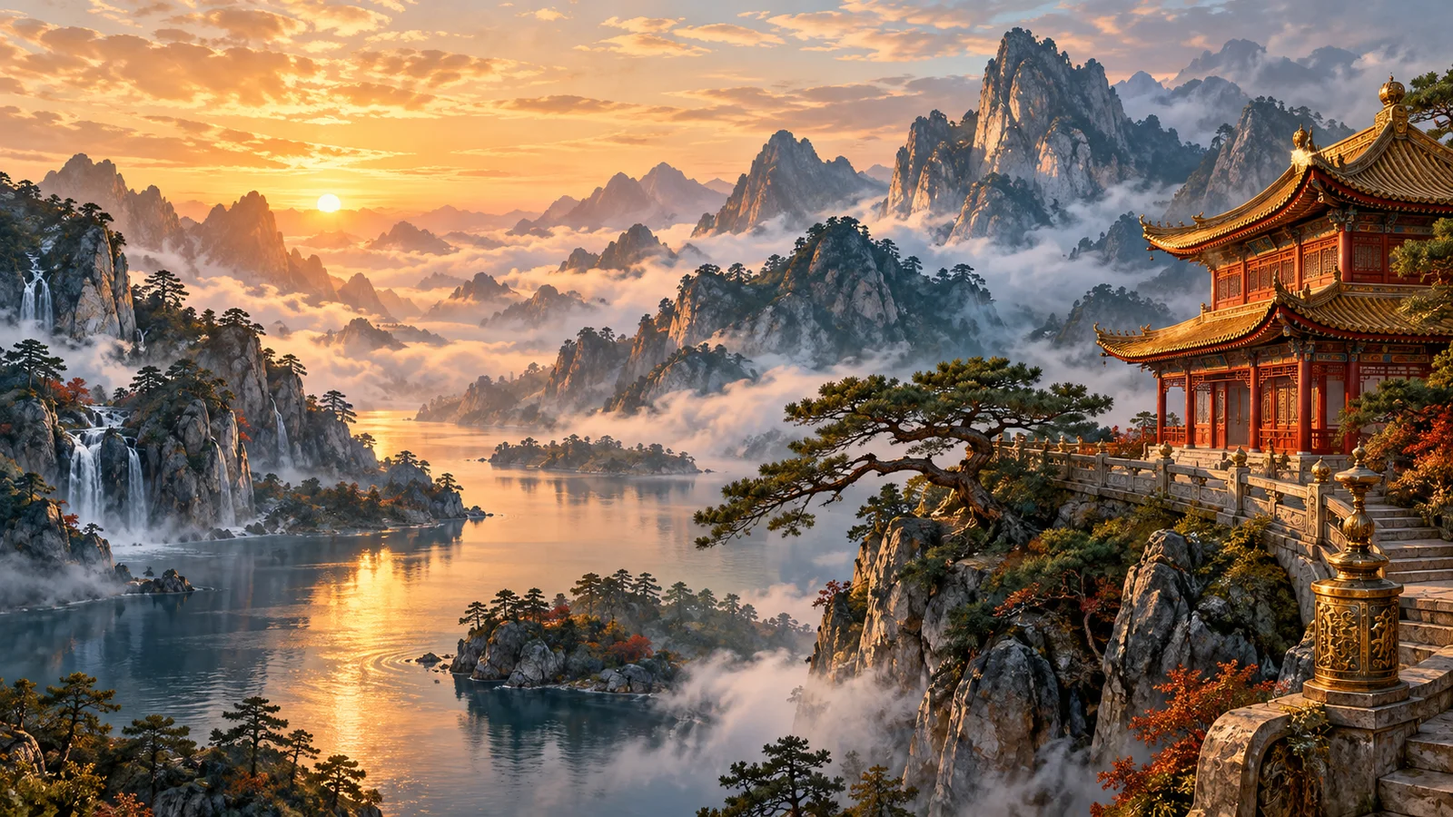 Chinese pavilion, pine trees, and mountains in the morning mist.