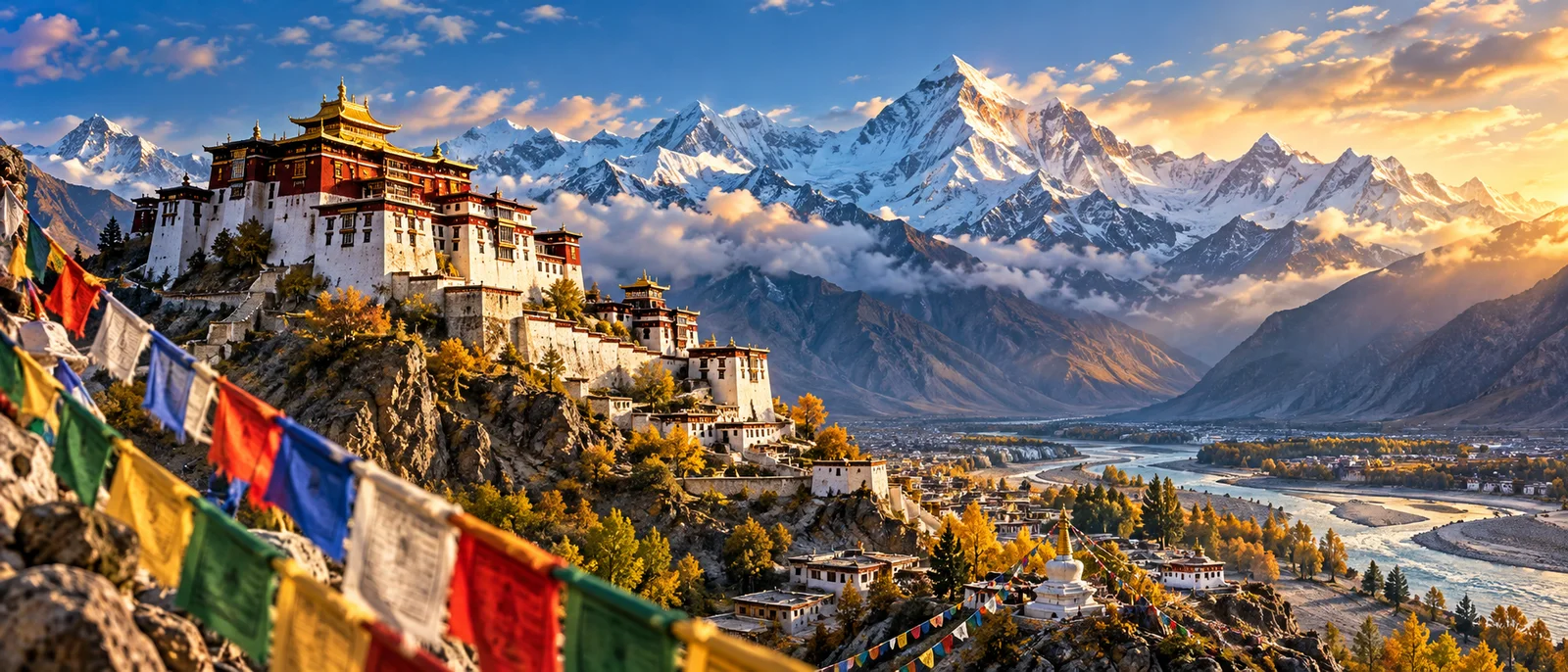 Tibetan monastery against snow-covered Himalayan peaks.