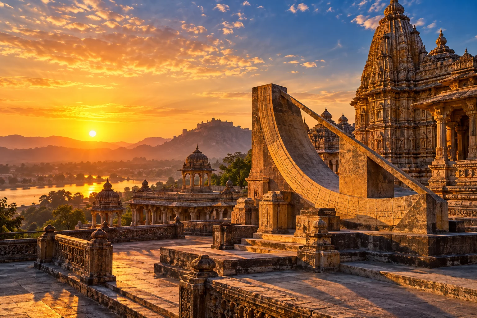 Indian temple and stone astronomical instrument at sunrise.