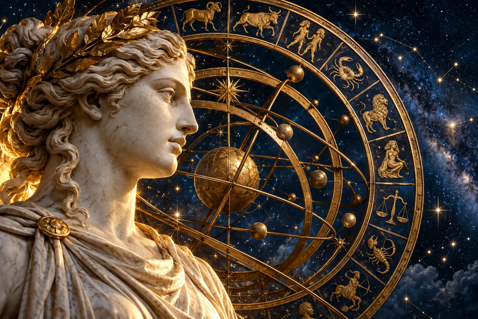 Classical marble bust before a golden zodiac ring beneath the stars.