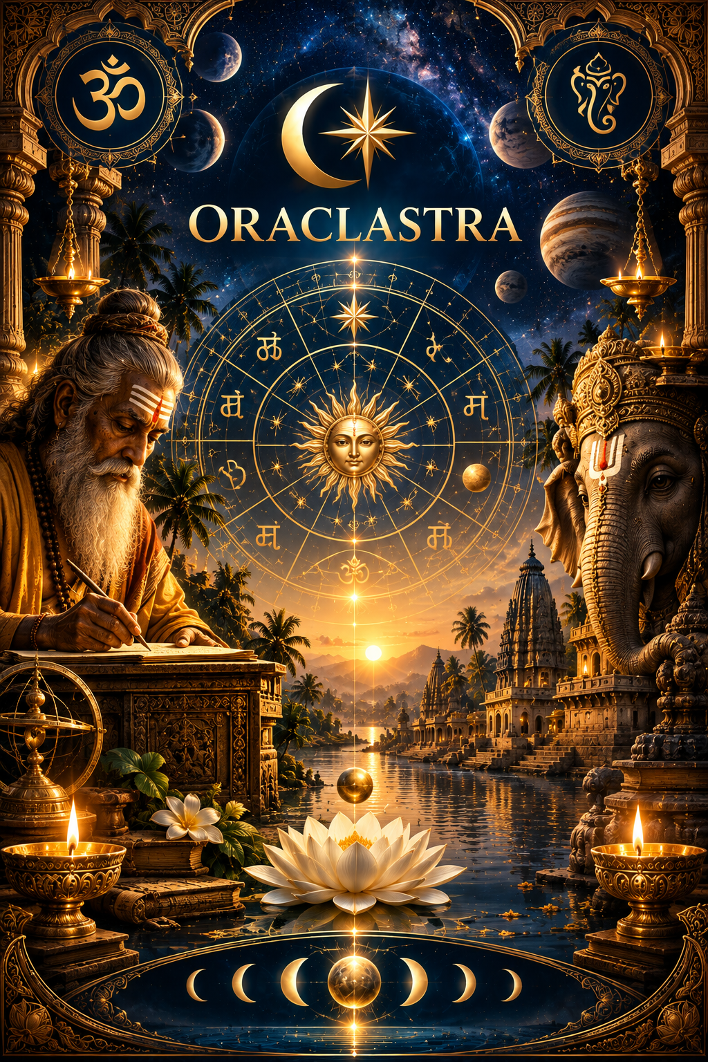 Roda de astrologia védica dourada sobre fundo celeste
