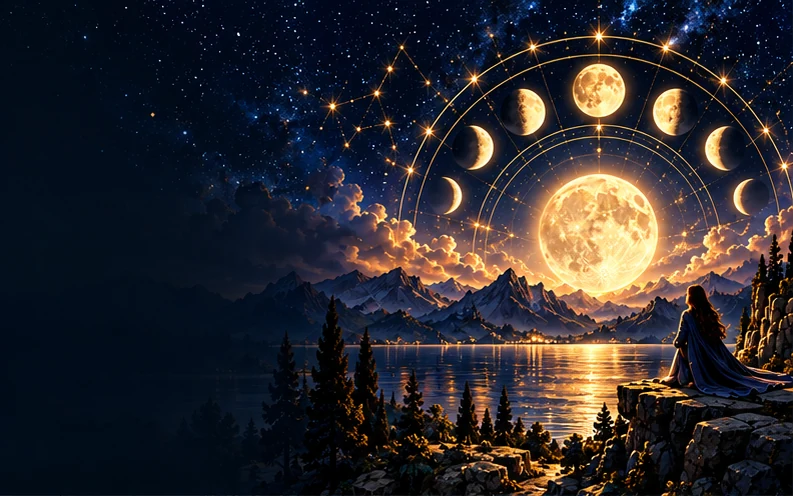 Fases lunares sobre uma paisagem noturna