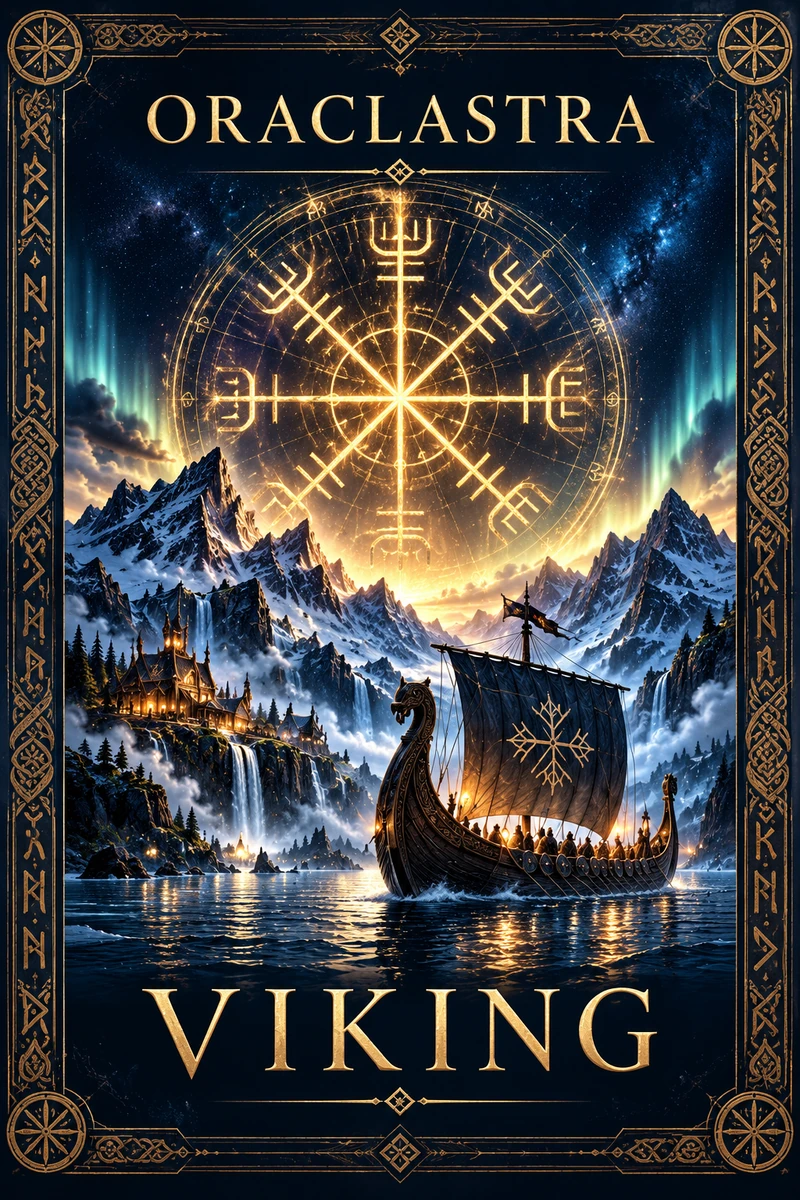 Viking editorial cover with golden runes, a longship, and a northern fjord
