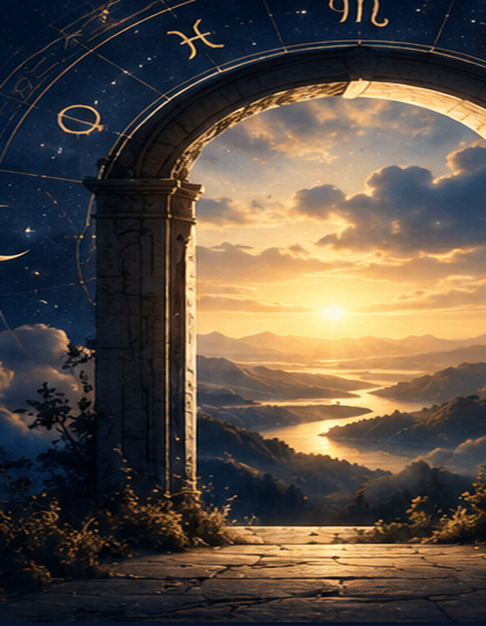 Celestial doorway opening onto an astral landscape