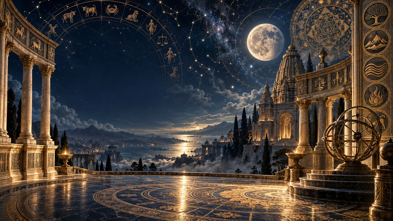 Panorama einer Himmelsterrasse unter Sternen, Sternbildern und Mond